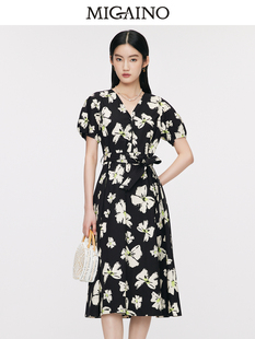 V领短袖 新款 度假印花连衣裙MO24DA644 2024夏季 Migaino曼娅奴女装