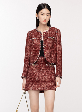 曼娅奴女装2024年秋冬新款圆领红色粗花呢小香风外套MO44SC606