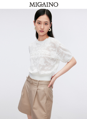 Migaino曼娅奴女装2024夏季新款圆领短袖白色针织衫上衣MO22KW266