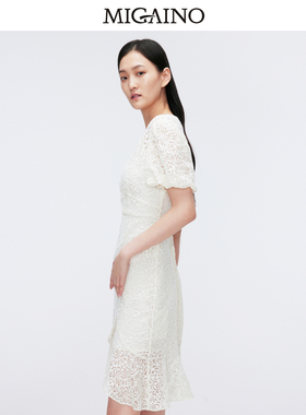 Migaino曼娅奴女装2024夏季新款优雅气质V领蕾丝连衣裙MO22DA122