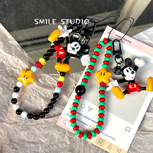 日韩INS米老鼠撞色卡通甜酷钥匙扣包包手机链手腕定制CCD挂件笑脸