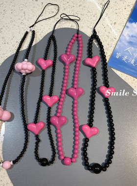 日韩INS简约黑色甜酷玫红爱心钥匙扣手机链手腕定制CCD挂件手串女