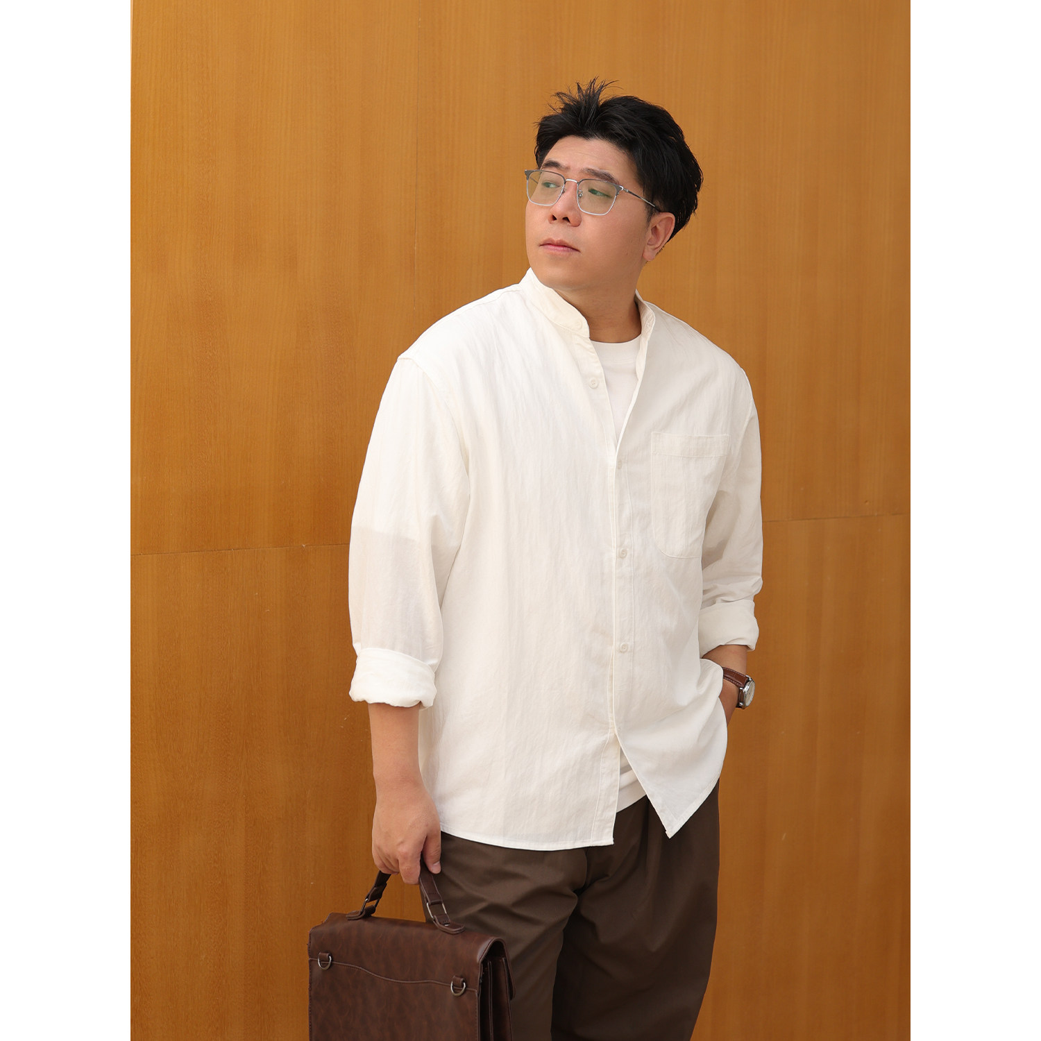 路人社新中式立领长袖衬衫男秋季通勤休闲衬衣白色宽松上衣微胖男