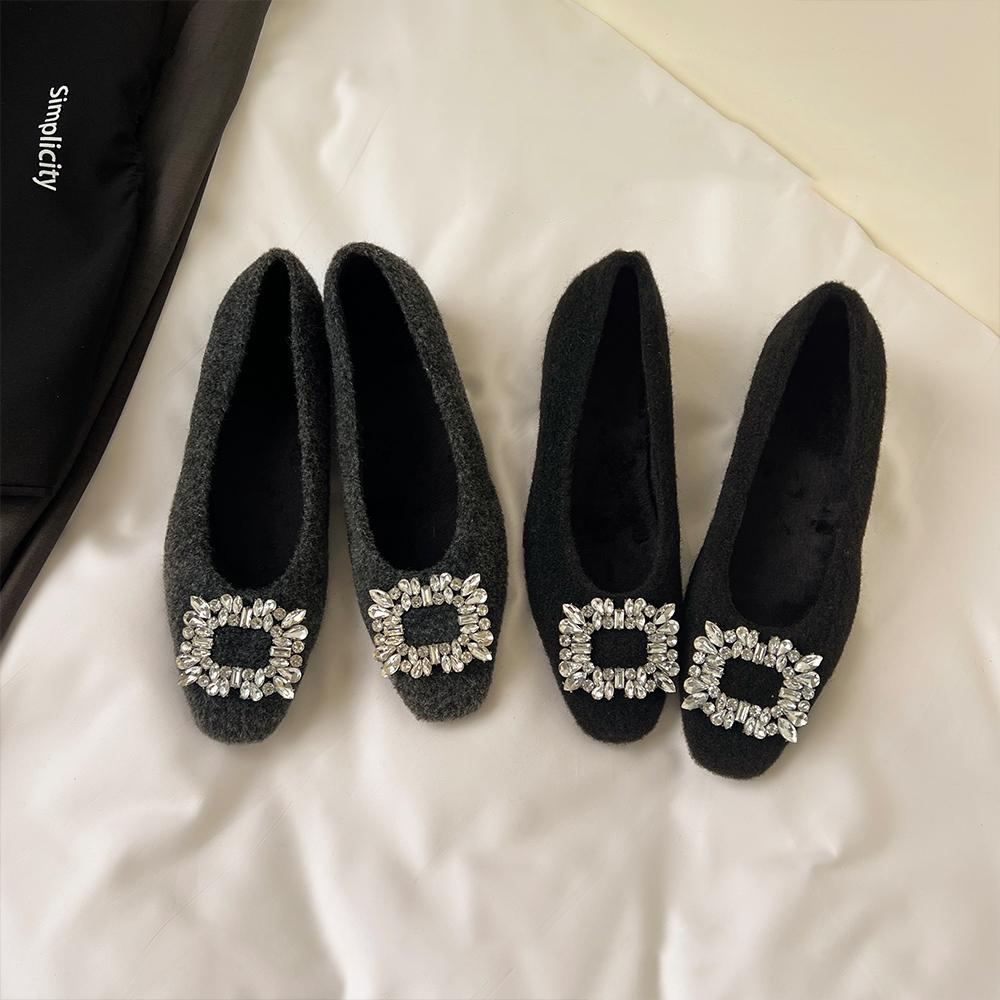 粗跟水钻方头浅口毛毛鞋2025新款