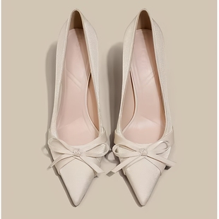 蝴蝶结尖头高跟鞋婚鞋女新款细跟气质百搭绝美浅口单鞋女配裙子女