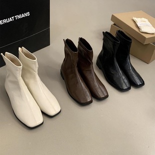 复古方头洋气小短靴女2025秋冬新款瘦瘦靴后拉链短筒马丁靴单靴子