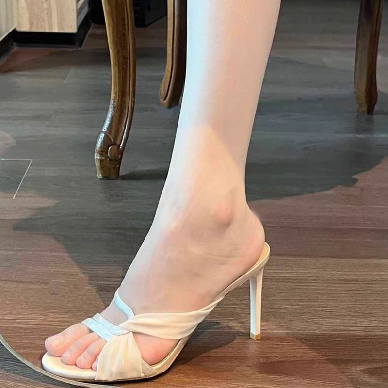 细跟法式网纱绸缎露趾拖鞋女新款