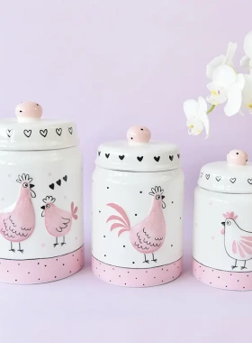 高品质粉色镀金浮雕鸡可爱密封罐