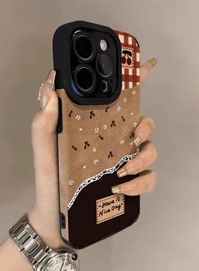格子小花樱桃翻毛皮适用苹果16promax手机壳iphone15pro华为mate60小米14k70荣耀100nova13reno12p50x2
