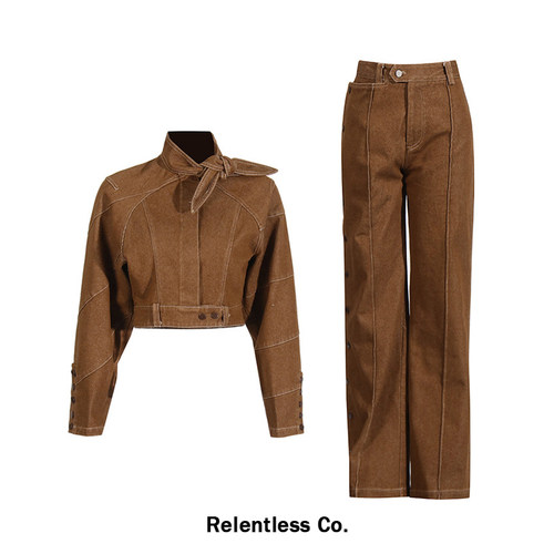 Relentless 棕色复古牛仔短款外套高腰直筒长裤春秋气质套装女