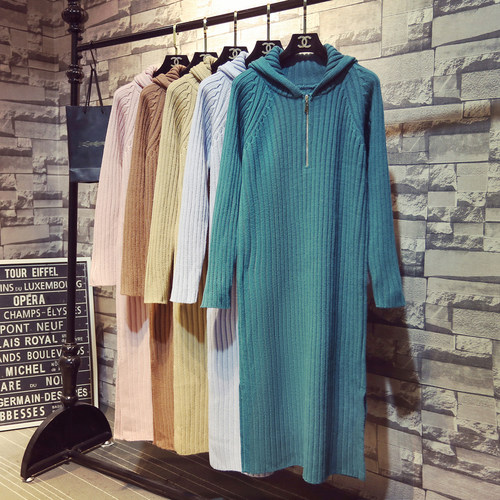 加厚减龄连帽长款过膝针织毛衣裙