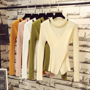 秋冬季新款交叉v领针织衫女打底内搭镂空别致上衣挂脖不规则毛衣