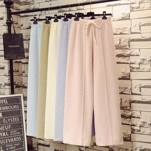 女白色高腰垂感宽松直筒长裤 秋冬加绒加厚仿水貂绒窄版 针织阔腿裤