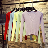 女开衫 坑条纹V领针织衫 修身 短款 毛衣外套外搭 春秋季 上衣薄款 新款