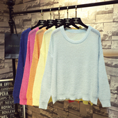 新款 薄款 韩版 春装 温柔风宽松针织衫 女长袖 慵懒仿马海毛衣罩衫 上衣