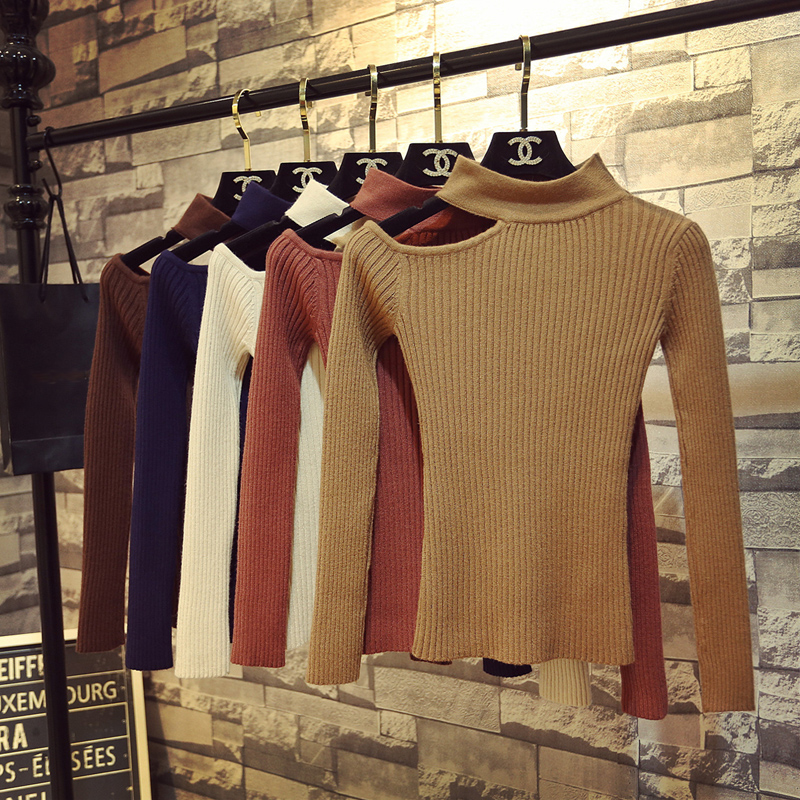 半高领挂脖斜肩性感小心机针织衫
