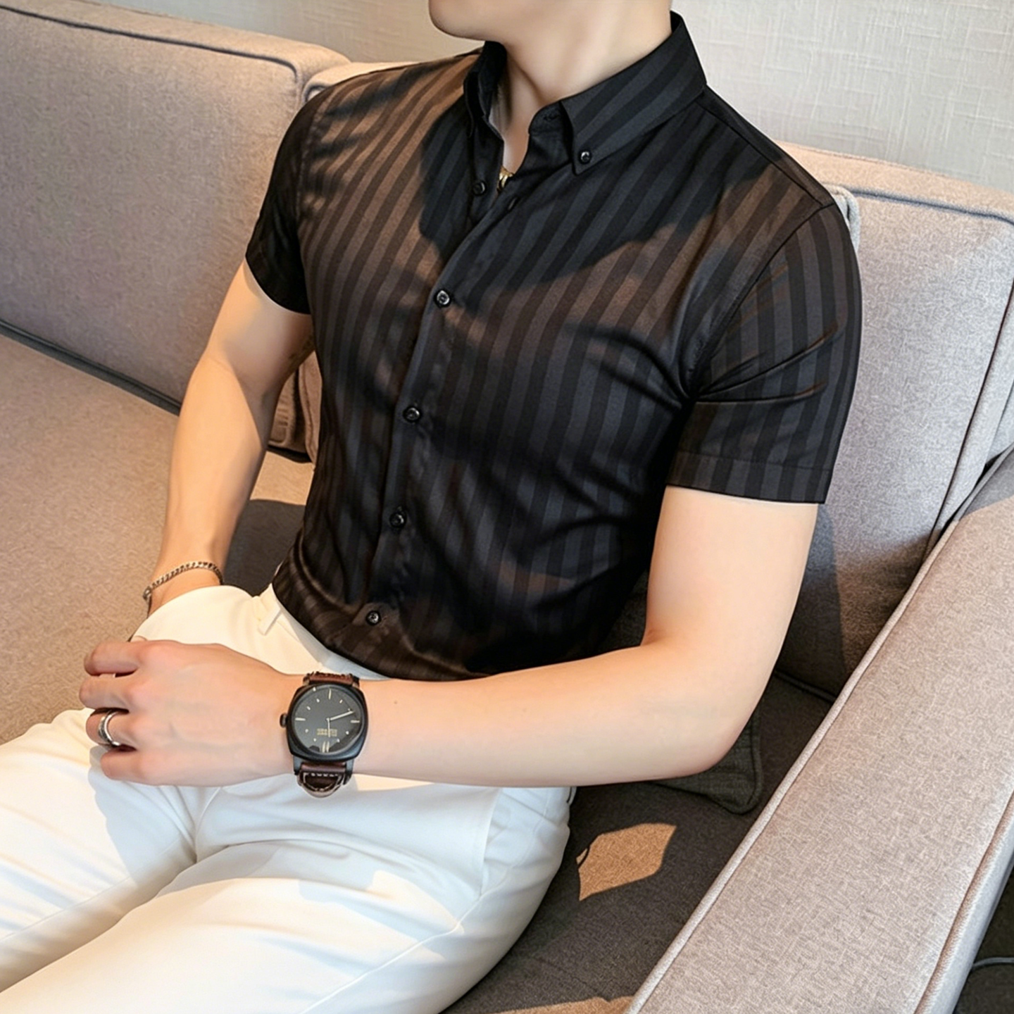 条纹衬衫男短袖韩版修身免烫抗皱正装寸衫高级感黑色竖条纹衬衣男