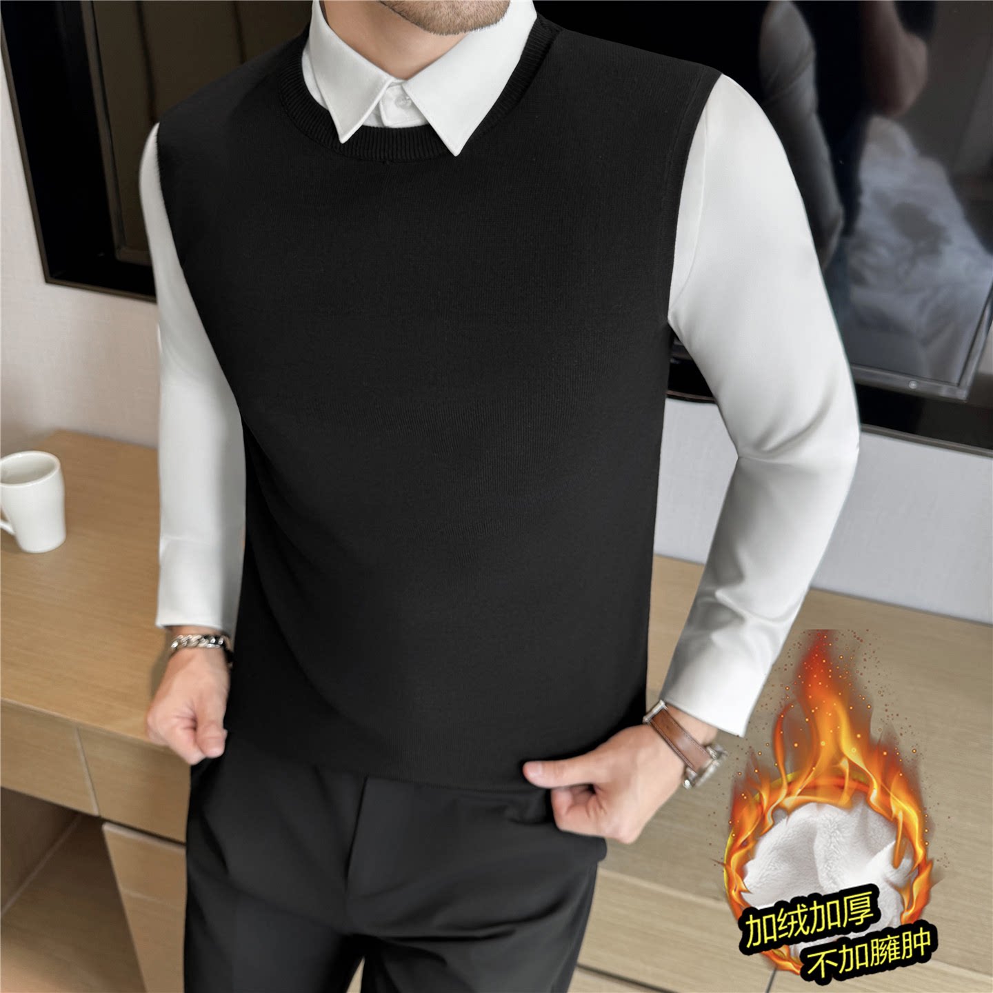加绒衬衫领毛衣男秋冬韩版修身内搭假两件针织衫带领带绒打底线衣