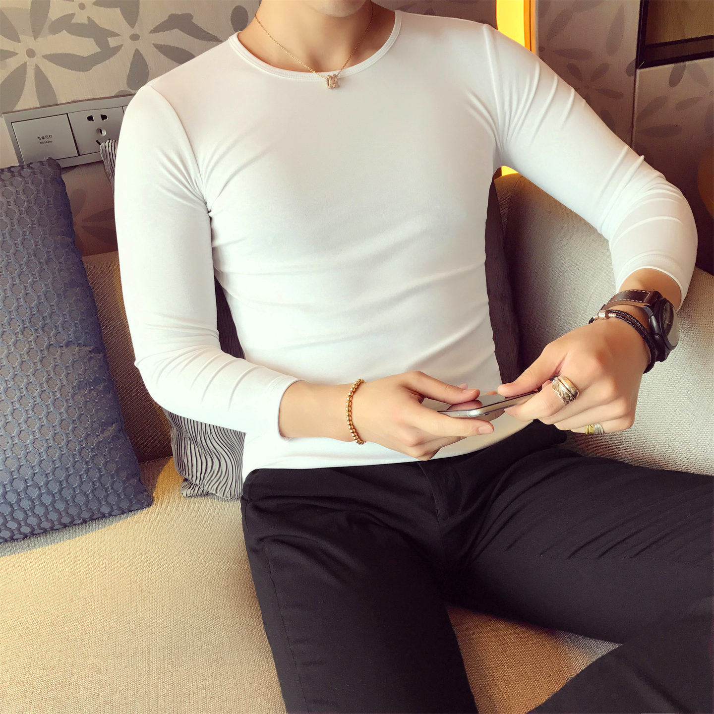 秋季薄款t恤长袖男圆领内搭纯色修身打底衫韩版弹力紧身潮牌纯棉