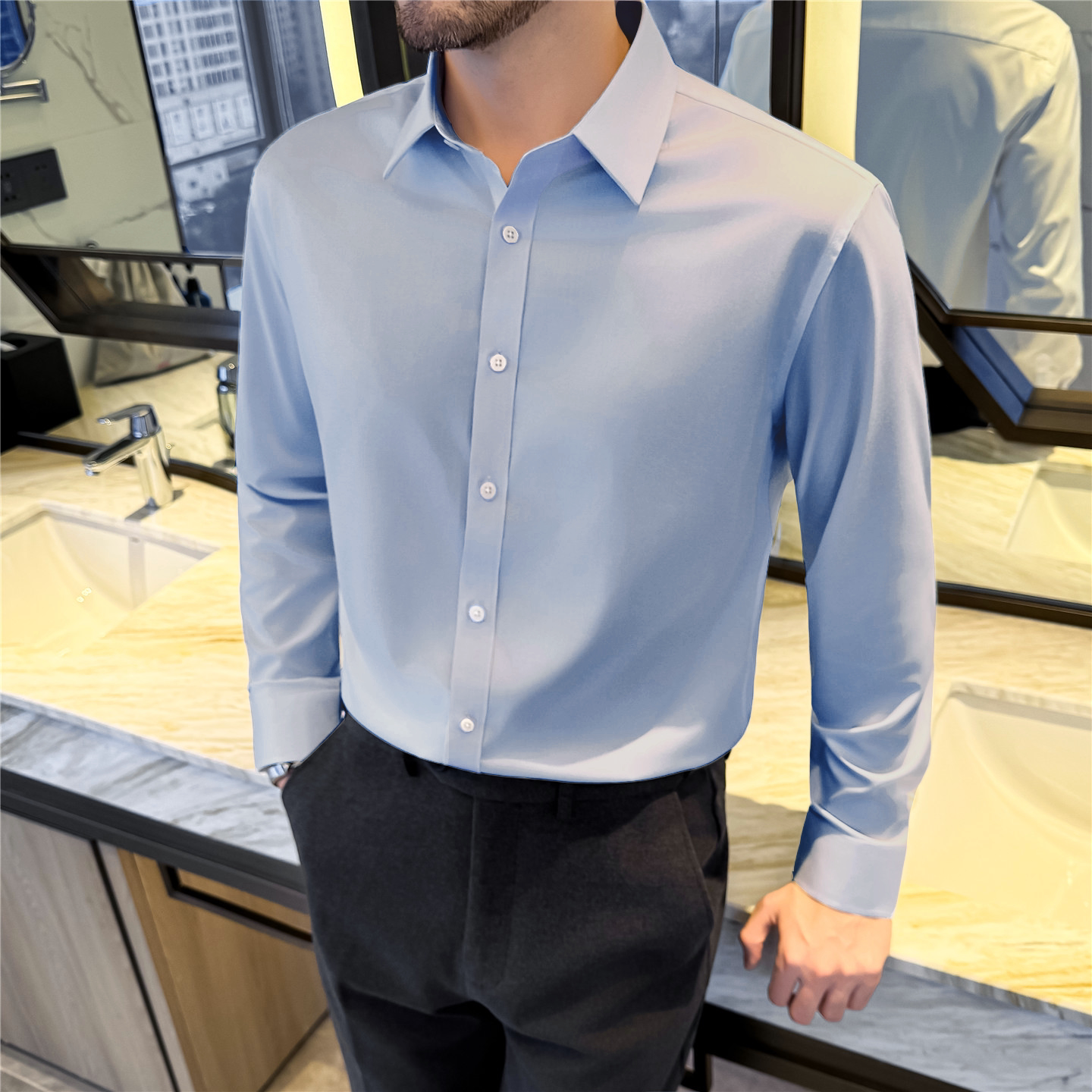 高端竹纤维衬衫男长袖衬衫修身免烫抗皱商务正装高级感浅蓝色衬衣