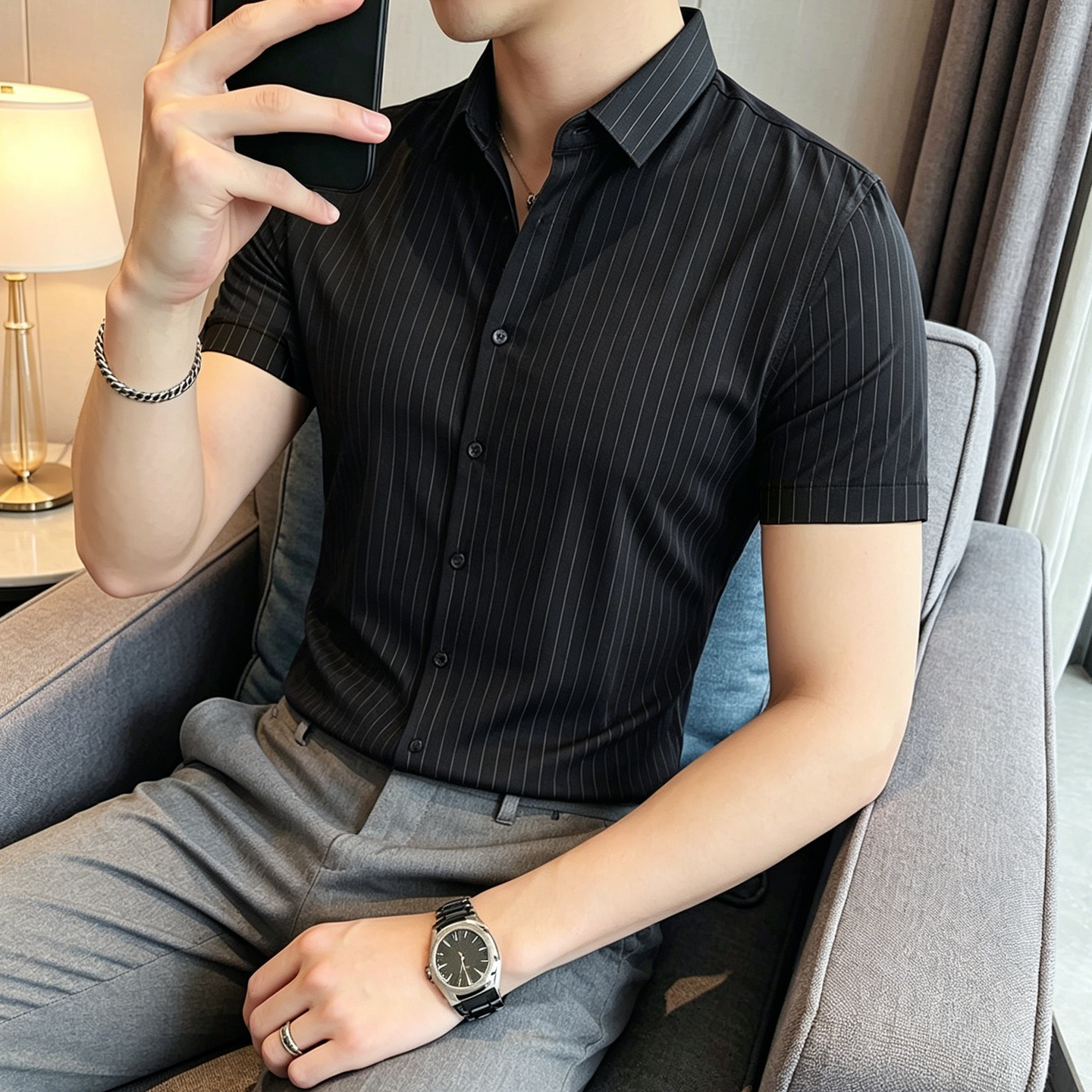 条纹衬衫男短袖韩版修身帅气免烫黑色衬衣抗皱夏季薄款寸衫男百搭