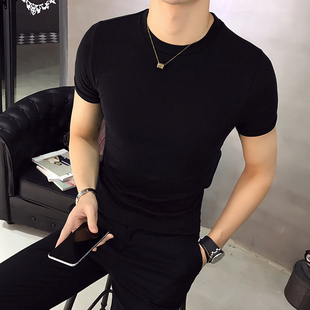 潮流紧身弹力健身运动纯棉打底 体恤纯黑色韩版 短袖 t恤男圆领修身