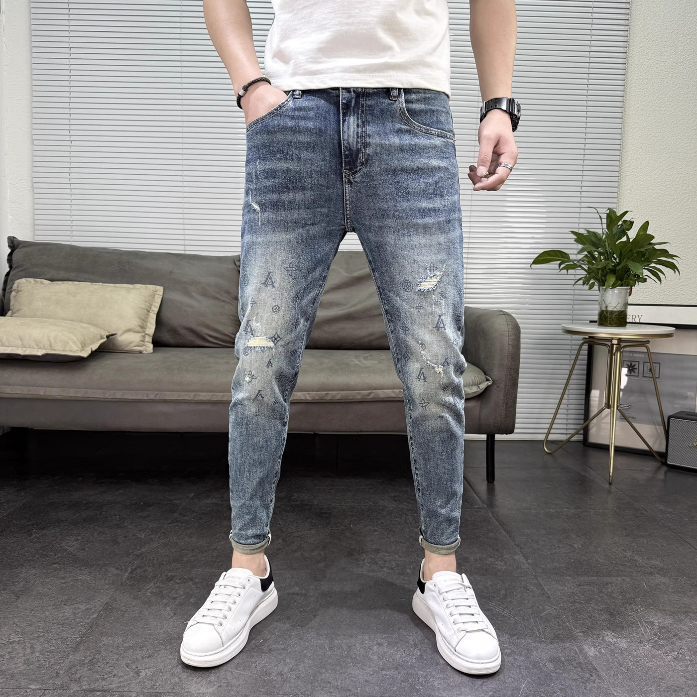 破洞牛仔裤男夏季薄款潮牌印花修身小脚弹力百搭长九分裤潮流帅气