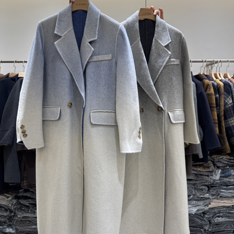 繁花新经典渐变宽松时尚长款休闲显瘦羊毛外套（含100羊毛）GD980