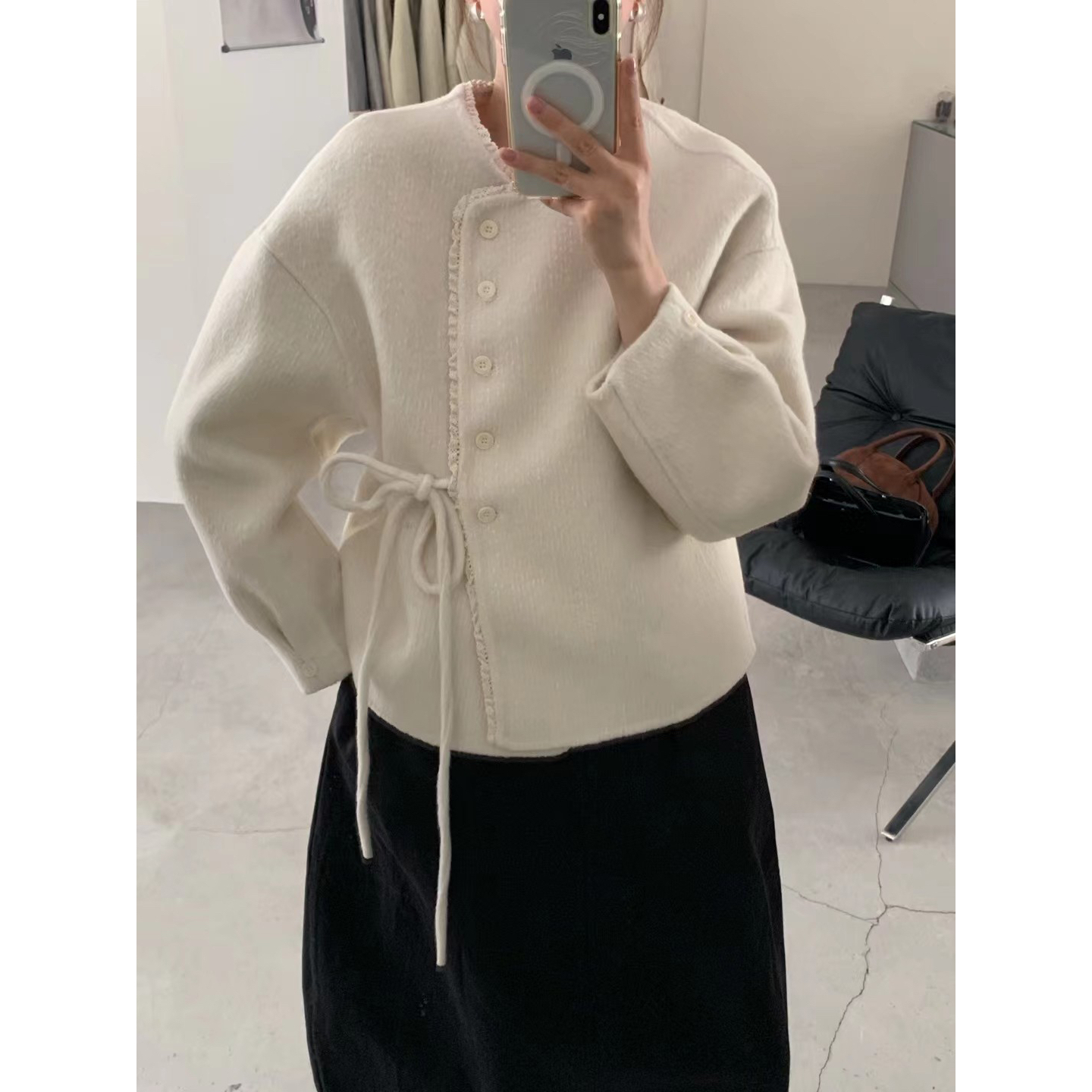 繁花小众单排扣系带双面呢羊毛大衣羊毛外套(含100羊毛)YP966