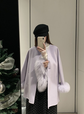 繁花精致～温柔甜美显瘦中长羊毛外套(配围巾)（含100澳毛）12180