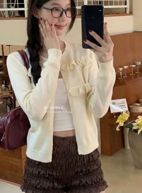 繁花懒风木耳边拼接简约小众长袖上衣针织开衫DM3M00970（A