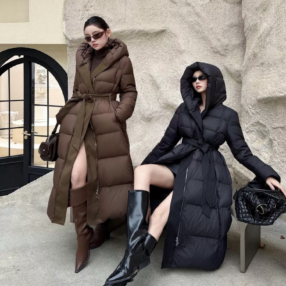 繁花款气质收腰长款新国标白鹅绒保暖羽绒服外套(配腰带)2025142