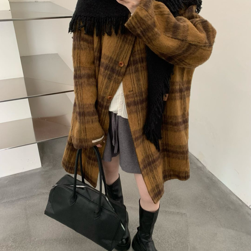 繁花复古格纹宽松简约羊毛外套(配披肩)（含100澳毛）1737