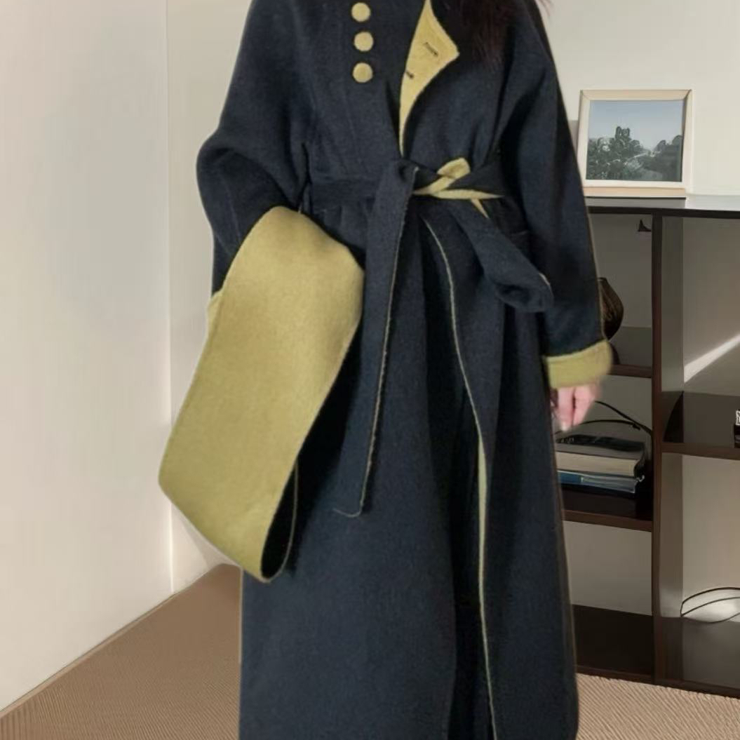 繁花小众长款围巾宽松毛呢羊毛外套(配围脖)（含100澳毛）ZH616