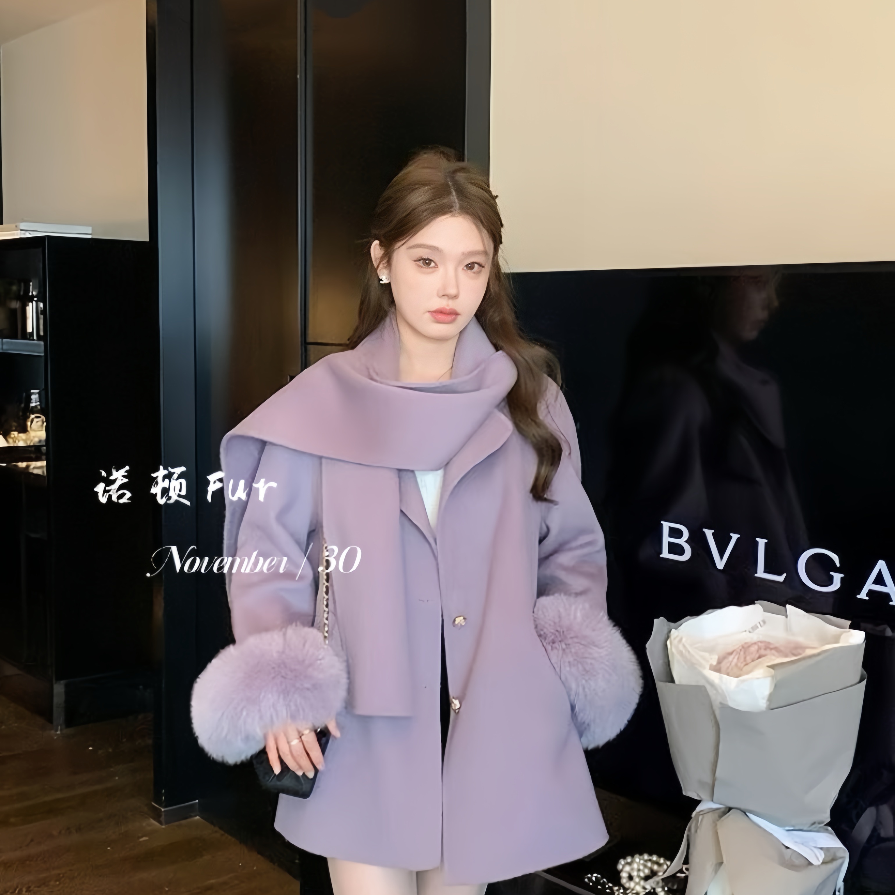 繁花典羊毛外套(配围巾,可拆真狐狸袖毛)（含100澳毛）L-SXYR2466