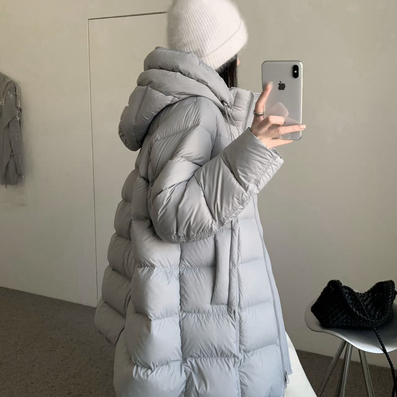 繁花韩系豆腐块连帽中长款保暖羽绒服外套(配帽子不可拆卸)1985