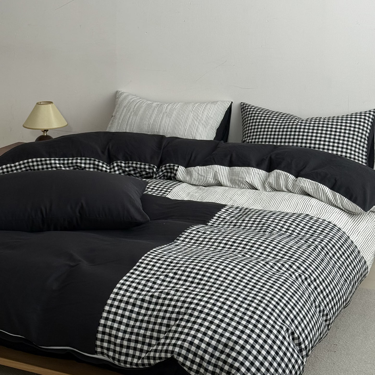 【宅姿势】日式无印风黑白格子四件套全棉男生简约床上用品床笠MZ