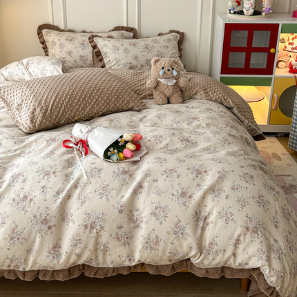 【宅姿势】秋冬新款A版全棉拼B版豆豆绒花边四件套1.5加厚保暖kk