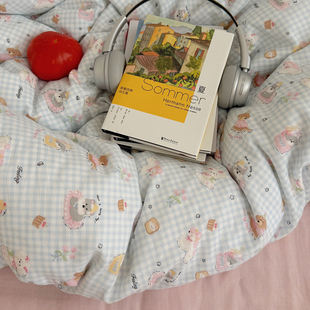 INS风 双层纱小清新全棉单人学生3件套床单蓝色床品LL 宅姿势