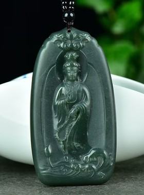天然和田玉青玉站观音菩萨吊坠