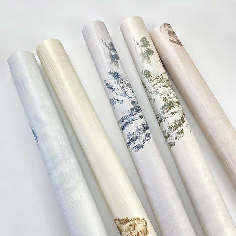 古典新中式山水画壁纸客厅书房背景墙别墅中餐厅饭店黄色灰色墙纸