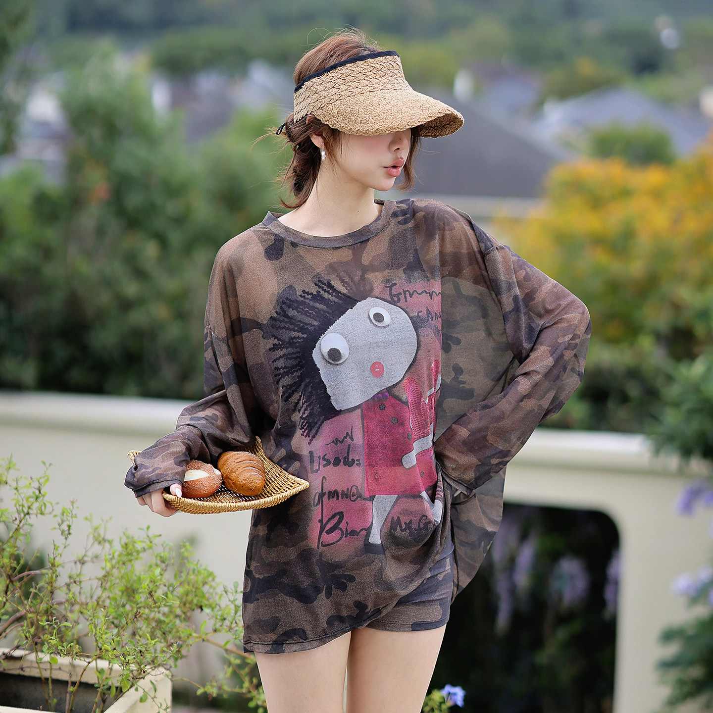 复古迷彩泳衣女款分体三件套宽松罩衫高腰平角裤高级感泡温泉泳装