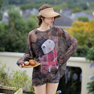 复古迷彩泳衣女款分体三件套宽松罩衫高腰平角裤高级感泡温泉泳装