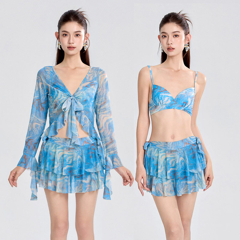 绝美小清新钢托聚拢比基尼三件套罩衫裙裤遮肉高级感2026年泡温泉