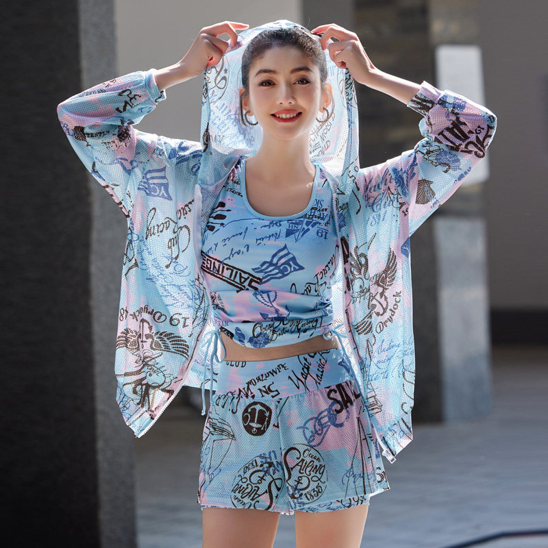 泳衣女保守分体三件套高腰平角裤宽松帽衫大胸微胖MM大码速干海边