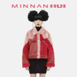 【MINNANHUI】惠敏楠 原创设计红色三色天然真皮草拼接短款外套