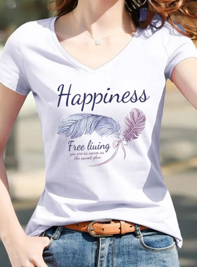 V领白色t恤女短袖纯棉2025夏季新款修身显瘦体恤衫韩版洋气上衣潮