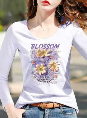 纯棉长袖t恤女2025春秋新款修身显瘦体恤休闲打底衫紫色花朵上衣