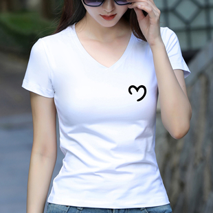 显瘦体恤衫 白色短袖 纯棉修身 t恤女2025夏季 爱心印花V领上衣女 新款