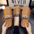 拖鞋 家居室内藤草编织亚麻包头纯地板凉席透气女士草席男家用夏